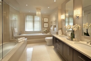 A transitional bathroom blending classic warmth with contemporary clean lines. Opt for a neutral color scheme, streamlined fixtures, and refined textiles. Integrate modern lighting