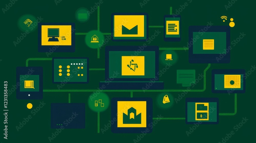 Poster abstract illustration of interconnected digital devices and data flow