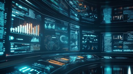 Fototapeta premium Futuristic Data Center Digital Screens Displaying Charts Graphs Code