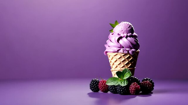 Blackberry ice cream with mint in waffle cone on purple background, copy space.