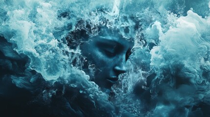 Abstract digital art depicting a face surrounded by swirling clouds of blue and white.
