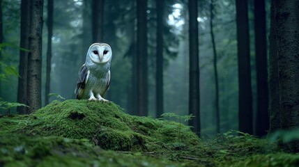 Majestic Barn Owl Perched on Mossy Log in Tranquil Forest Surrounded by Tall Trees at Dusk
