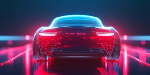 A sleek, futuristic electric car illuminated by neon lights, set against a digital grid background, showcasing advanced technology.