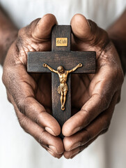 Hands holding a wooden cros. AI generative.