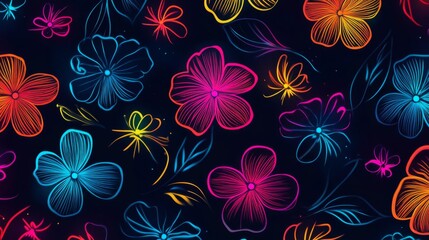 Naklejka premium Vibrant Neon Floral Pattern on Dark Background