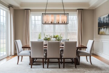 A transitional dining room blending classic warmth with contemporary clean lines. 