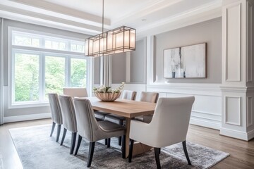 A transitional dining room blending classic warmth with contemporary clean lines. Opt for a neutral color scheme, streamlined furniture pieces, and refined textiles. Integrate modern lighting fixtures