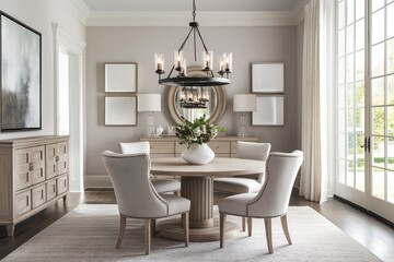 A transitional dining room blending classic warmth with contemporary clean lines. Opt for a neutral color scheme, streamlined furniture pieces, and refined textiles. Integrate modern lighting fixtures