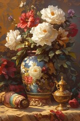 Obraz premium Still Life Painting Elegant Floral Arrangement in Vintage Vase