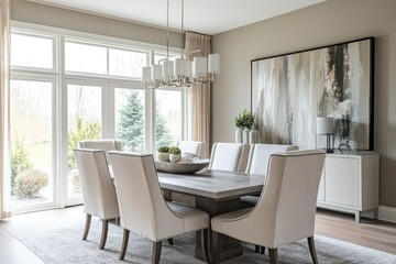 Fototapeta premium A transitional dining room blending classic warmth with contemporary clean lines. Opt for a neutral color scheme, streamlined furniture pieces, and refined textiles. Integrate modern lighting fixtures