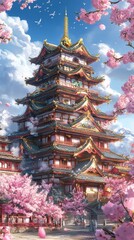 A majestic Japanese pagoda nestled amidst vibrant cherry blossoms under a clear sky
