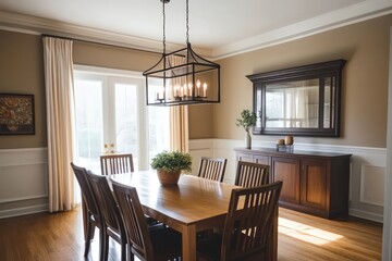 A transitional dining room blending classic warmth with contemporary clean lines. Opt for a neutral color scheme, streamlined furniture pieces