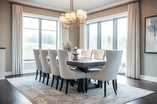 A transitional dining room blending classic warmth with contemporary clean lines. Opt for a neutral color scheme, streamlined furniture pieces, and refined textiles. Integrate modern lighting fixtures