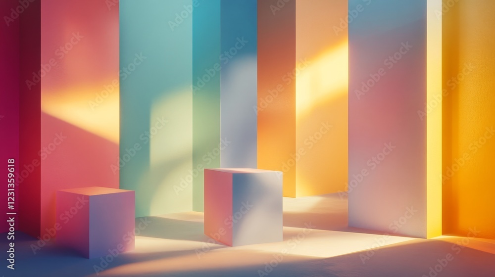Poster vibrant abstract scene featuring colorful geometric shapes and soft lighting. the interplay of shado