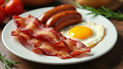 Delicious Breakfast with Sausage, Bacon, and Egg.