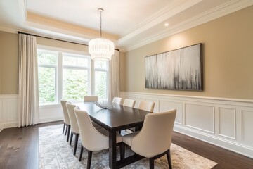 Fototapeta premium A transitional dining room blending classic warmth with contemporary clean lines. Utilize a neutral color scheme, streamlined furniture, and refined textiles. Integrate modern lighting fixtures