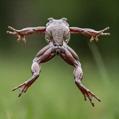 Fototapeta premium close up of a brown frog with white spots leaping in the air against a green background