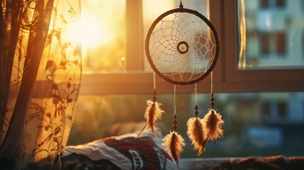 A boho-style bedroom featuring a large dreamcatcher as decoration.