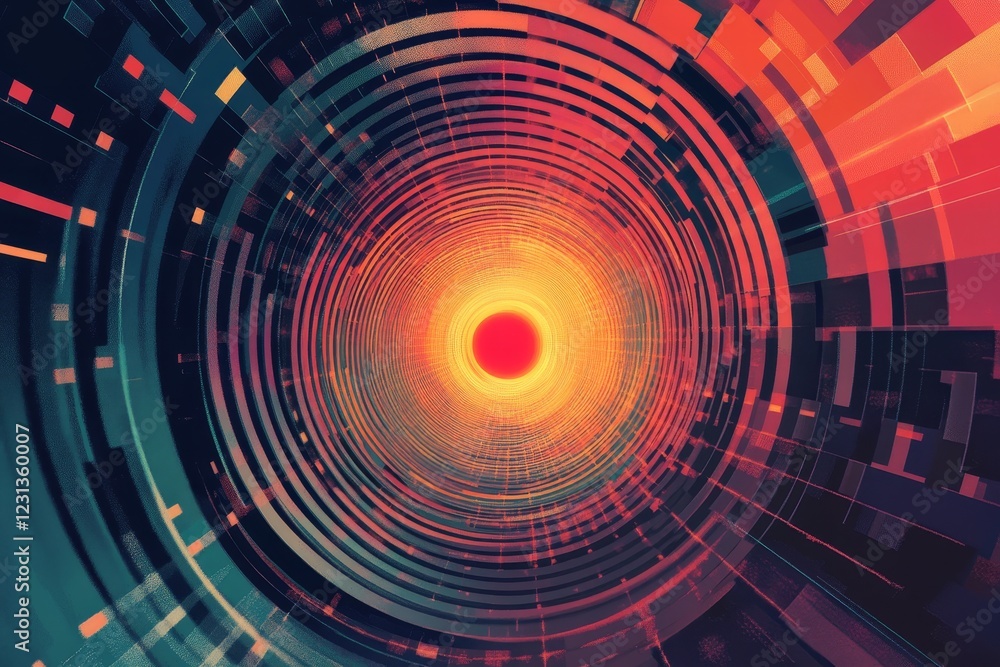 Poster exploring vibrant digital patterns and energy flow through abstract spiral design