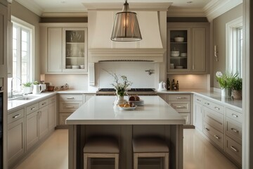 Fototapeta premium A transitional kitchen blending classic warmth with contemporary clean lines. Opt for a neutral color scheme, streamlined cabinetry, and refined materials. Integrate modern appliances