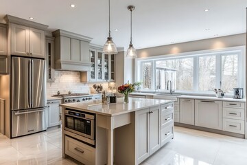 Fototapeta premium A transitional kitchen blending classic warmth with contemporary clean lines. Opt for a neutral color scheme, streamlined cabinetry, and refined materials. Integrate modern appliances