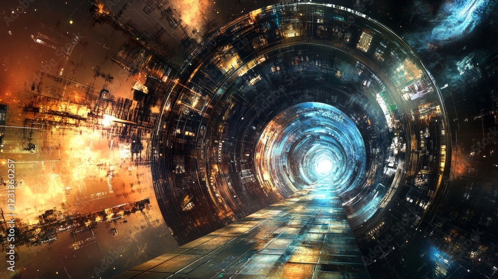 Poster an immersive digital tunnel featuring vibrant colors and abstract patterns. the light at the end evo