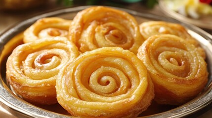 Fototapeta premium Golden Pastry Swirls with Sweet Honey Glaze on Decorative Plate