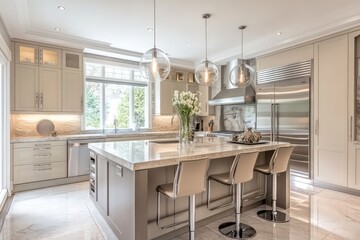 A transitional kitchen blending classic warmth with contemporary clean lines. Opt for a neutral color scheme, streamlined cabinetry, and refined materials. Integrate modern appliances