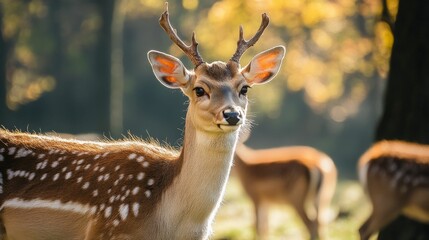 A young male deer with antlers stares at the camera in a forest.