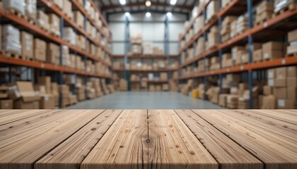 Empty wooden table top in front of blurred warehouse background with many boxes on shelves, perfect for product display or montage
