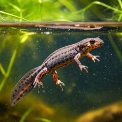 Fototapeta premium closeup of a brown and orange spotted newt swimming underwater in a pond.