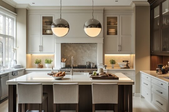 A transitional kitchen blending classic warmth with contemporary clean lines. Opt for a neutral color scheme, streamlined cabinetry, and refined textiles. Integrate modern lighting fixtures