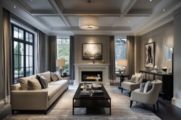 A transitional living room blending classic warmth with contemporary clean lines. Opt for a neutral color scheme, streamlined furniture pieces, and refined textiles. Integrate modern lighting fixtures