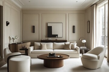 A transitional living room blending classic warmth with contemporary clean lines. Opt for a neutral color scheme, streamlined furniture pieces, and refined textiles. Integrate modern lighting fixtures