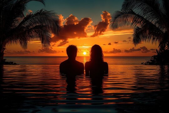 romantic sunset by the poolside couple near swimming pool honeymoon travel hotel resort - Powered by Adobe