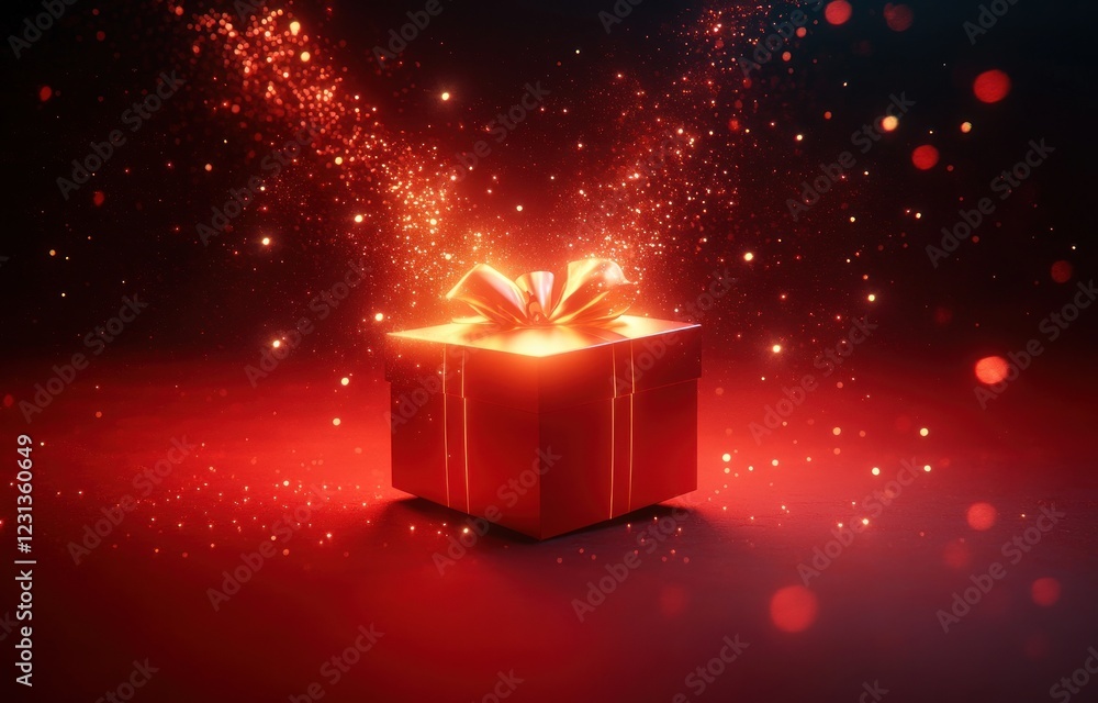 Aufkleber Magical Red Gift Box Floating with Glowing Light and Sparkling Particles on Deep Red Background