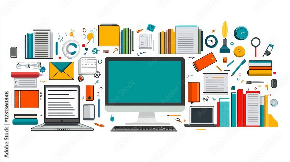 Poster digital workspace a colorful array of technology and office supplies