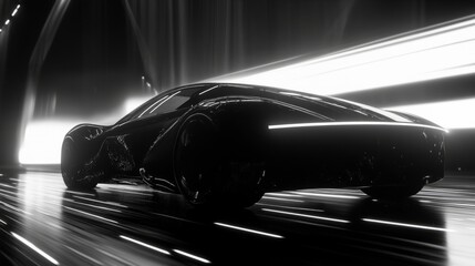 A black car is driving down a road. The car is in the foreground and the road is in the background