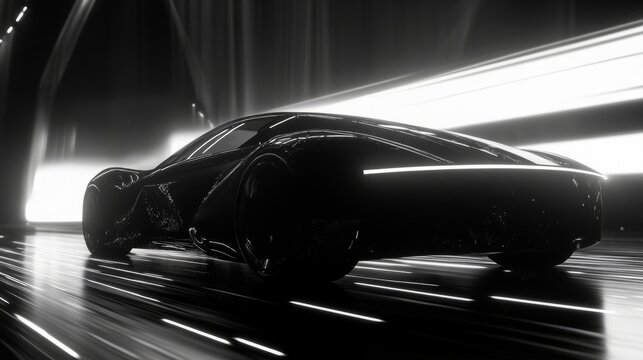 A black car is driving down a road. The car is in the foreground and the road is in the background