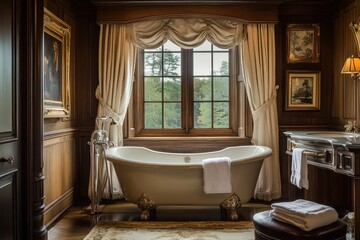 A traditional bathroom adorned with rich textures, ornate fixtures, and elegant decor.