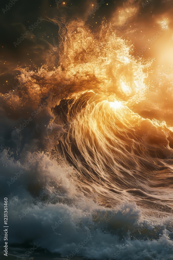 Poster captivating abstract image of a powerful ocean wave illuminated by a fiery sunset, showcasing dramat