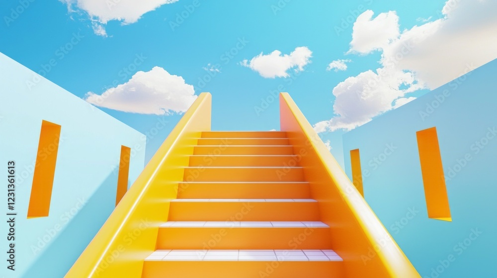 Poster a radiant staircase of yellow and orange ascends into a clear blue sky filled with soft white clouds