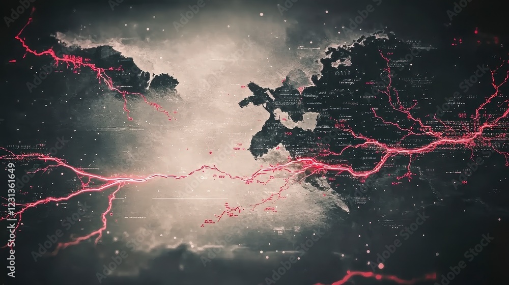 Poster abstract world map with glowing red energy lines and dark cloudy background
