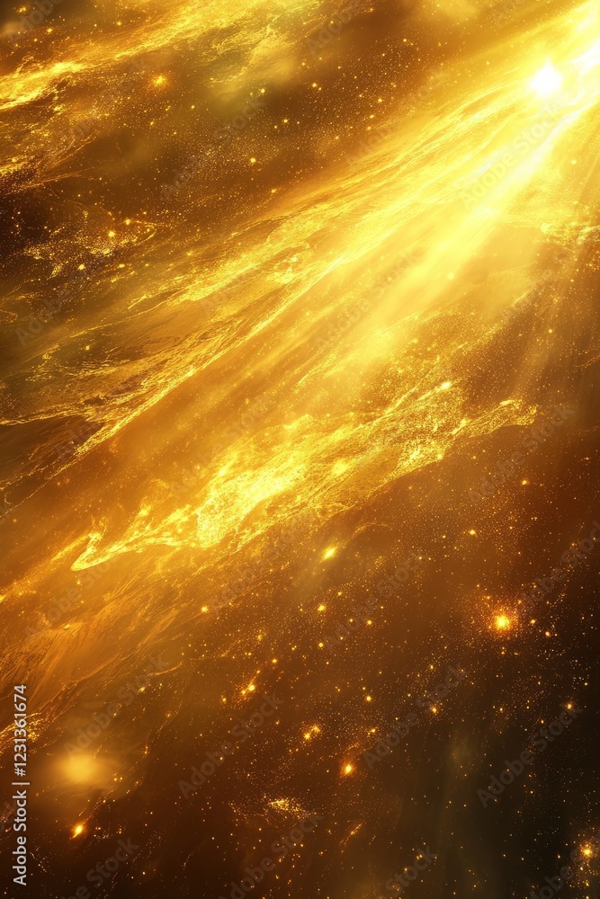 Poster captivating image of golden light rays and sparkling stars, creating a mesmerizing cosmic scene in t