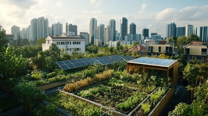 Fototapeta premium Rooftop garden, solar panels, city skyline, urban farming
