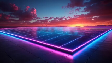A vibrant solar panel array glowing at sunset, showcasing renewable energy innovation.