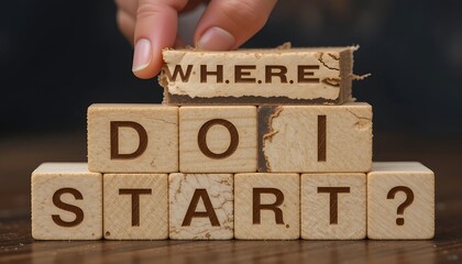 Wooden blocks spelling out the question 'Where do I start?', a hand placing the 'Where' block.