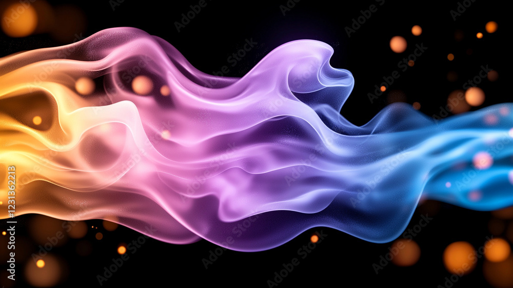 Poster abstract image of colorful, flowing smoke or energy, with warm and cool color tones, set against a d