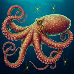 Obraz premium vibrant colorful octopus with yellow and blue tentacle veins on blue background