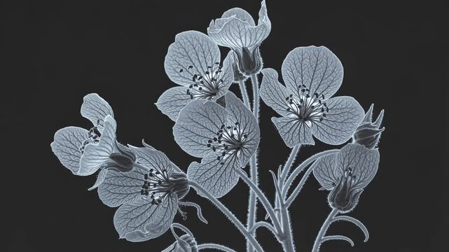 A tranquil scene of a cluster of X-ray wildflowers slowly opening, their ghostly silhouettes set against a softly blurred, monochromatic background.
